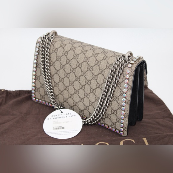 Gucci Beige and Black Monogram Crystal Dionysus Small Shoulder Bag - Picture 16 of 17